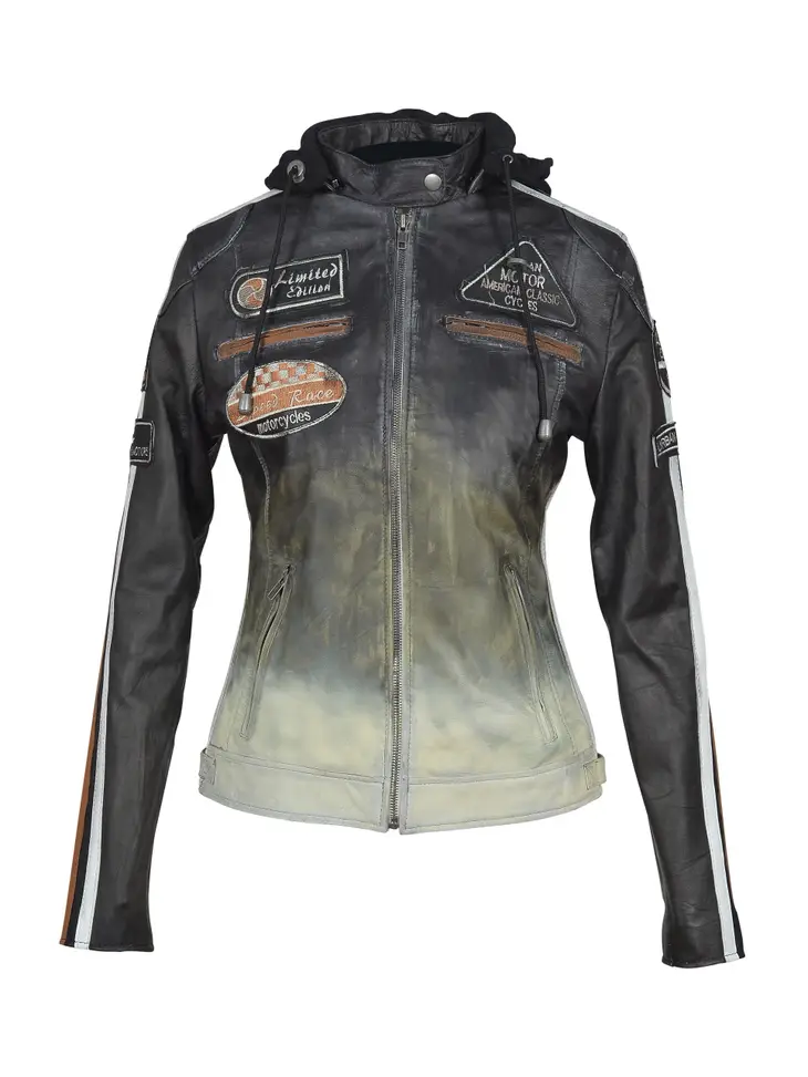 Ladies Leather Motorcycle Jacket with removable lining and armour beige black front