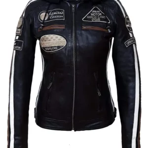 Ladies Leather Motorcycle Jacket with removable lining and armour black front