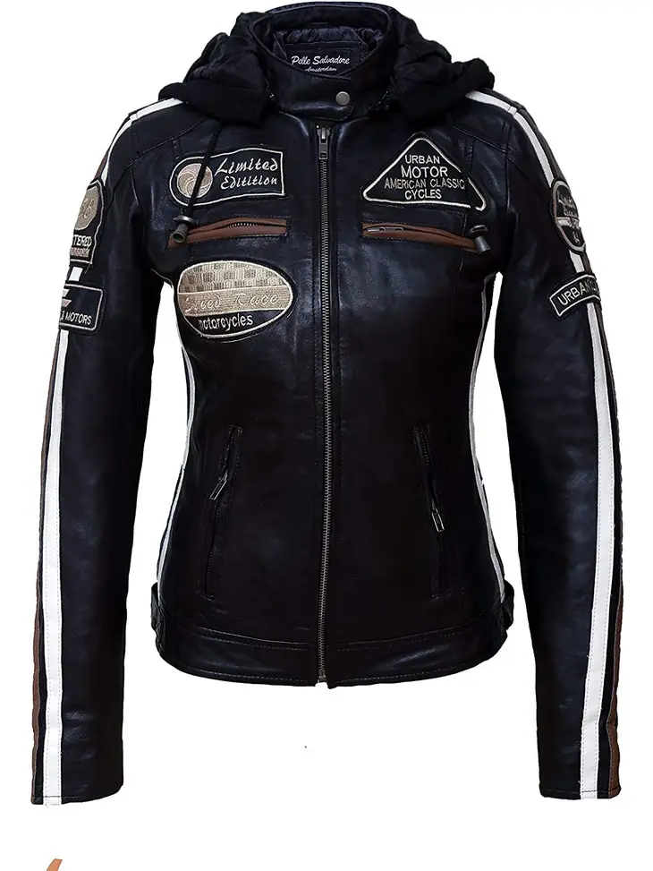 Ladies Leather Motorcycle Jacket with removable lining and armour black front
