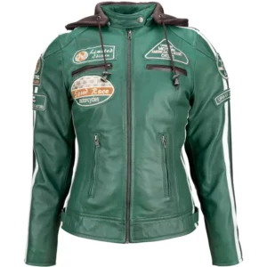 Ladies Leather Motorcycle Jacket with removable lining and armour green front