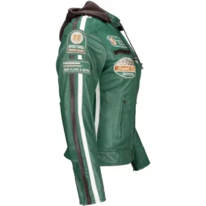 Ladies Leather Motorcycle Jacket with removable lining and armour green right side