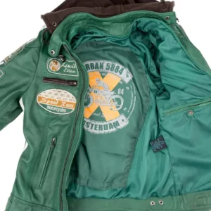 Ladies Leather Motorcycle Jacket with removable lining and armour green without lining
