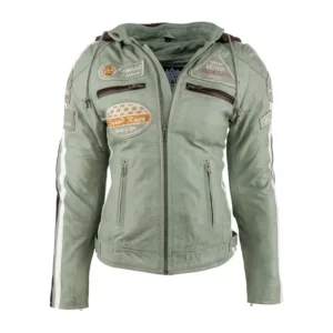 Ladies Leather Motorcycle Jacket with removable lining and armour light grey front