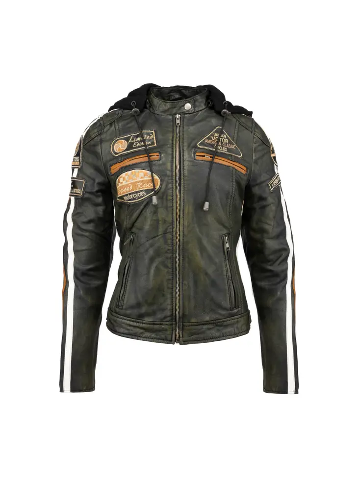 Ladies Leather Motorcycle Jacket with removable lining and armour rusty front
