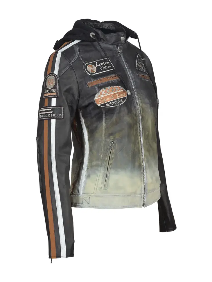 Ladies Leather Motorcycle Jacket with removable lining and armour beige black side