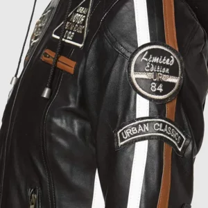 Ladies Leather Motorcycle Jacket with removable lining and armour black side
